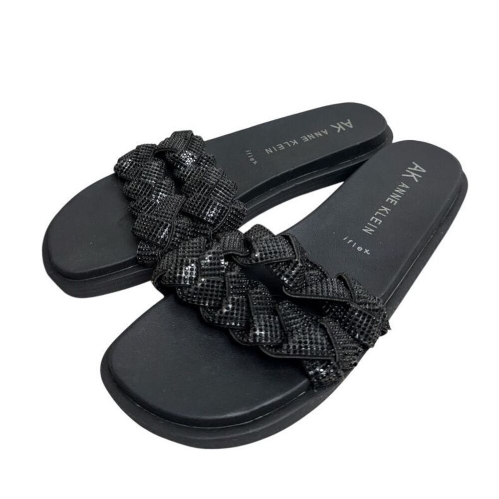 Anne Klein Sandals Women 9 Black Journi Rhinestone Embellished Flat‎ Slides